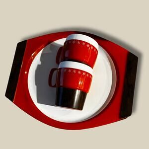 Vintage Woodhue Thermoware Tray and Mug Set Red Retro Insulated Dinnerware Mid